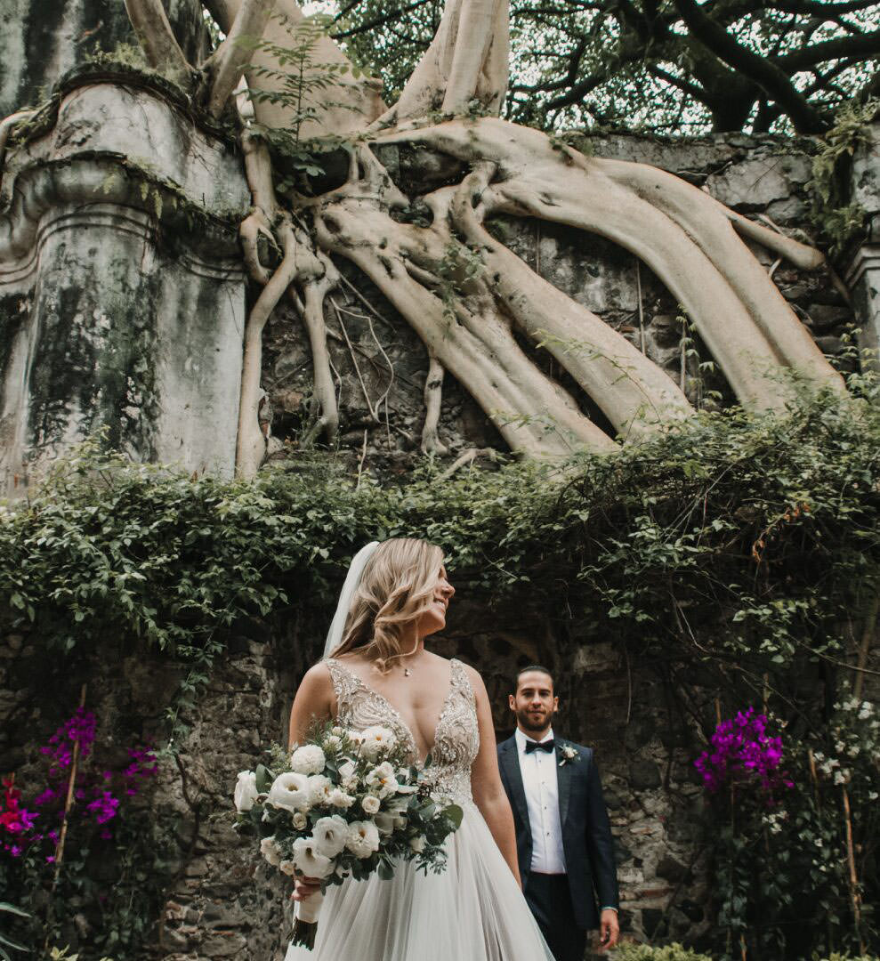 Wedding photographer review of bride and groom in lush garden with ancient roots and stone walls