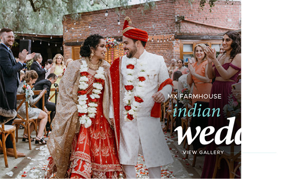 Real Weddings: Couple wearing garlands during Indian wedding celebration.